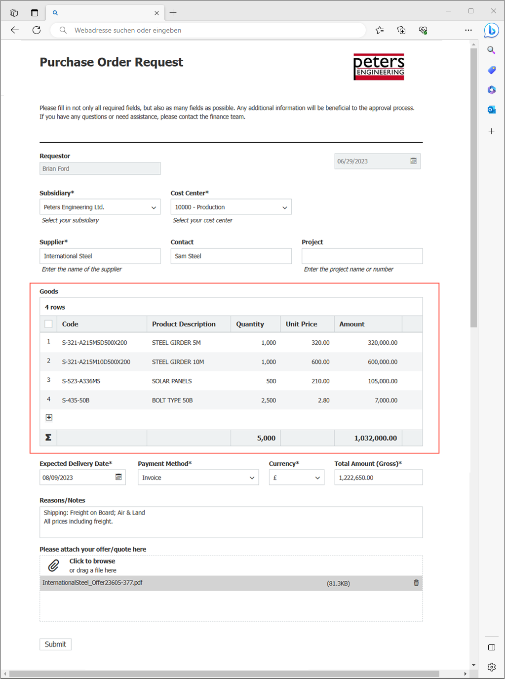 Browser table in web form 